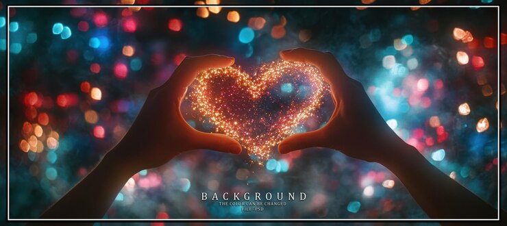 PSD manos que forman una forma de corazón con chispas brillantes contra un fondo bokeh de colores