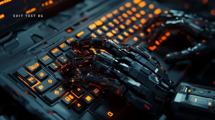 PSD manos robóticas escribiendo en un teclado futurista