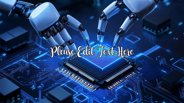 Manos robóticas instalando una CPU brillante en una placa de circuitos