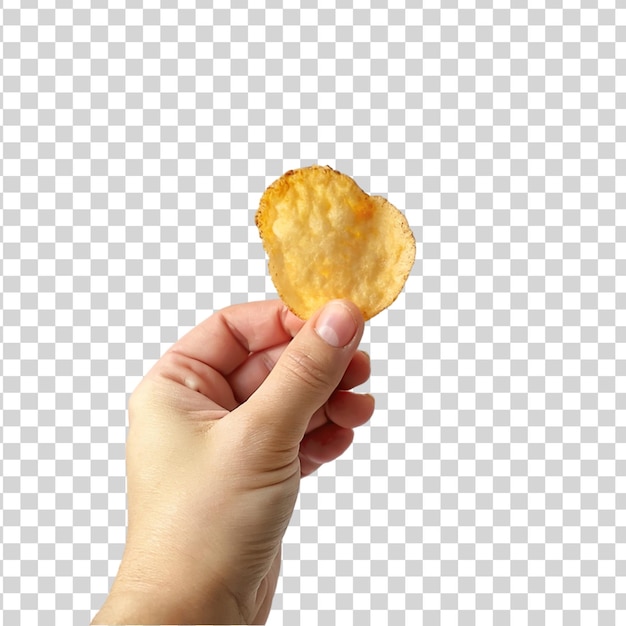 Manos segurando batatas fritas isoladas em fundo transparente