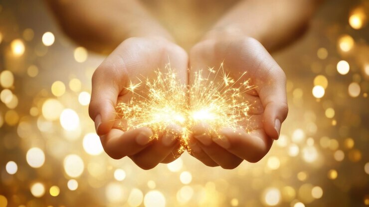 PSD manos sosteniendo una chispa brillante contra un fondo bokeh