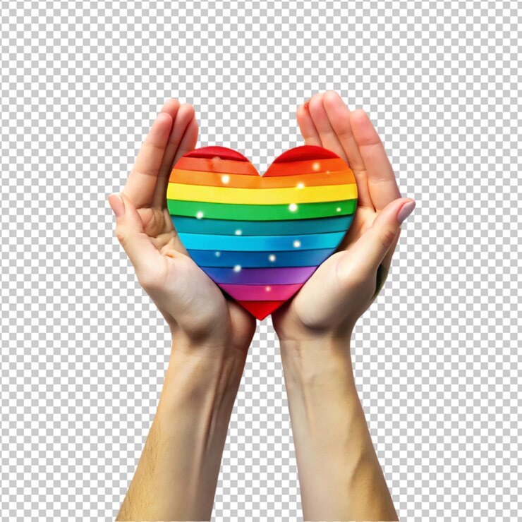 PSD manos sosteniendo un corazón arco iris con fondo transparente de confeti