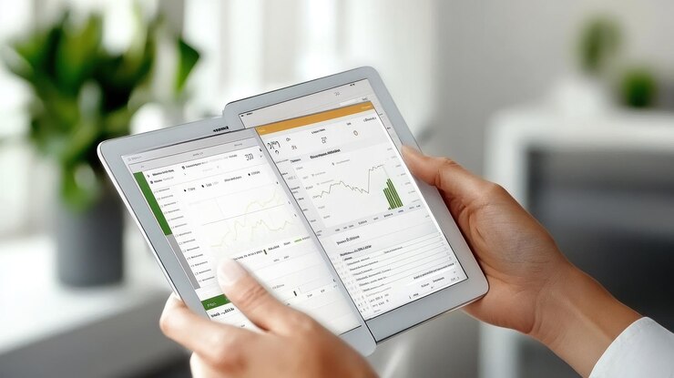 PSD manos sosteniendo dos tabletas que muestran gráficos y gráficos financieros