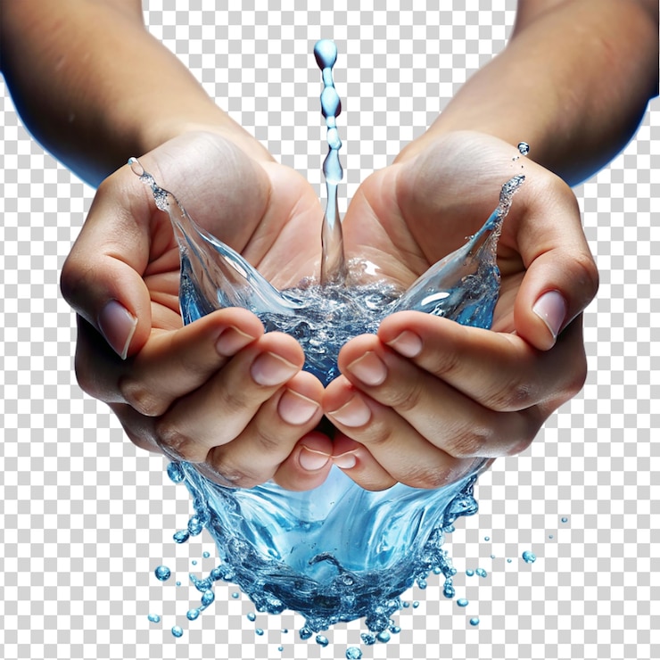 PSD manos sosteniendo gotas de agua sobre un fondo transparente
