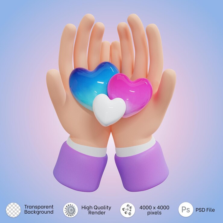PSD manos sosteniendo un icono de corazón familiar azul y rosa en representación 3d