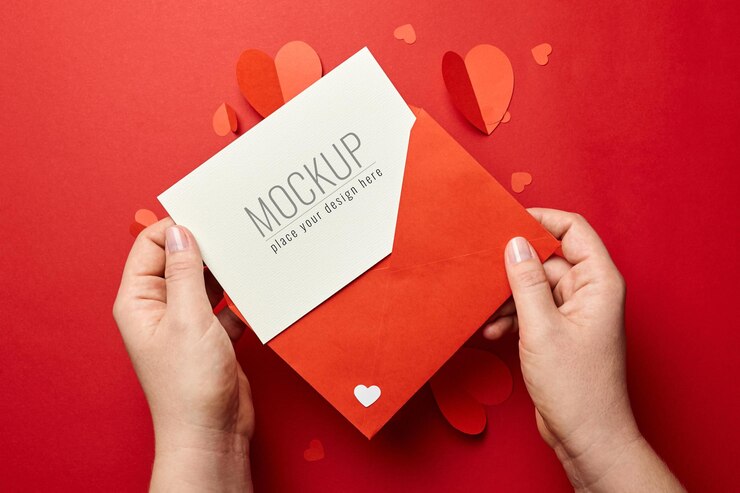 Manos sosteniendo la maqueta de la tarjeta del día de San Valentín con corazones de papel