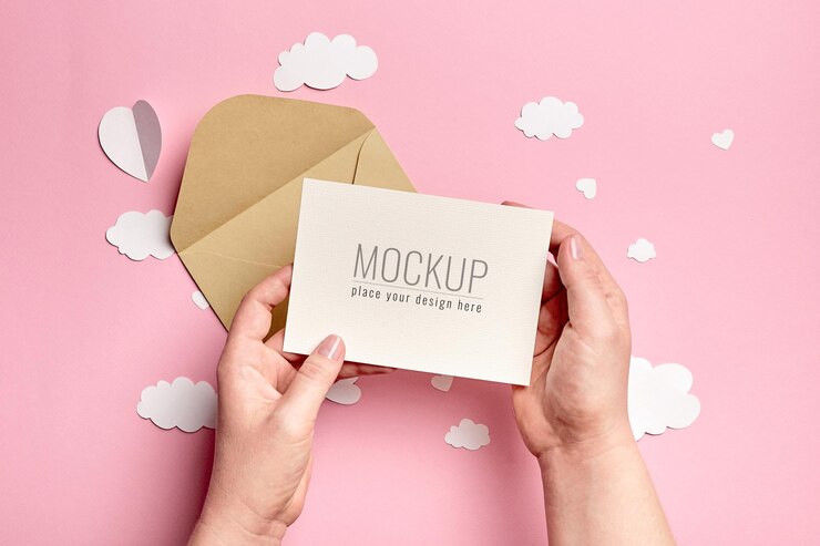 Manos sosteniendo maqueta de tarjeta de felicitación con nubes de papel y corazones
