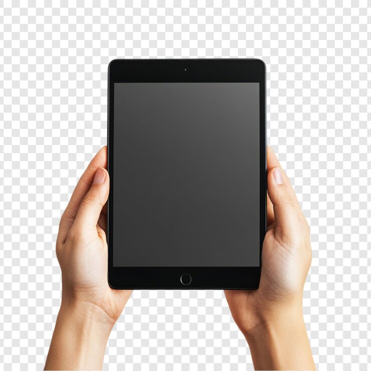 PSD manos sosteniendo una pantalla de tecnología de tableta negra
