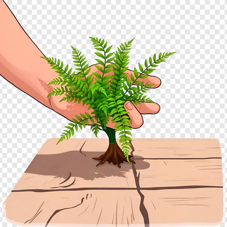 PSD manos sosteniendo la planta vista lateral aislada sobre un fondo transparente