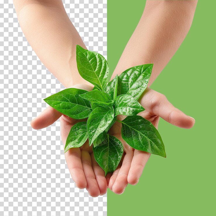 PSD manos sosteniendo plantas verdes jóvenes png aisladas sobre un fondo transparente