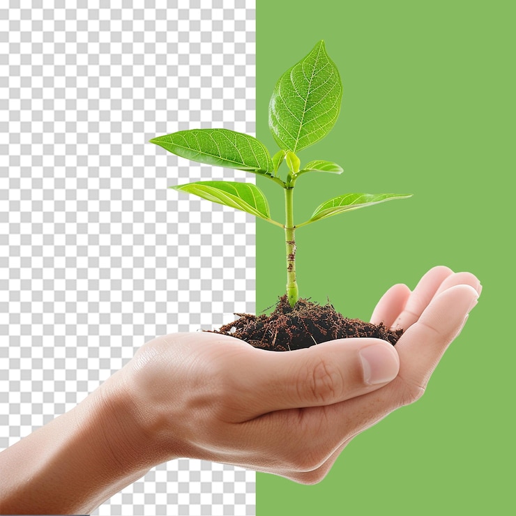PSD manos sosteniendo plantas verdes jóvenes png aisladas sobre un fondo transparente