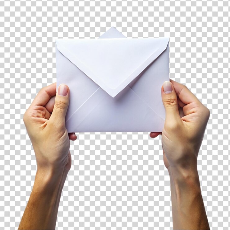 PSD manos sosteniendo un sobre de papel blanco en un fondo transparente