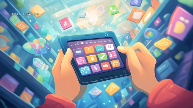 Manos sosteniendo la tableta mostrando iconos de aplicaciones rodeadas de muchas más aplicaciones