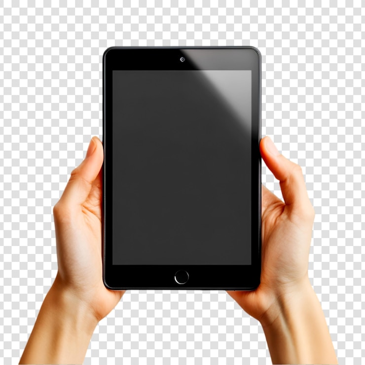 PSD manos sosteniendo una tableta negra con un dispositivo de tecnología de pantalla en blanco
