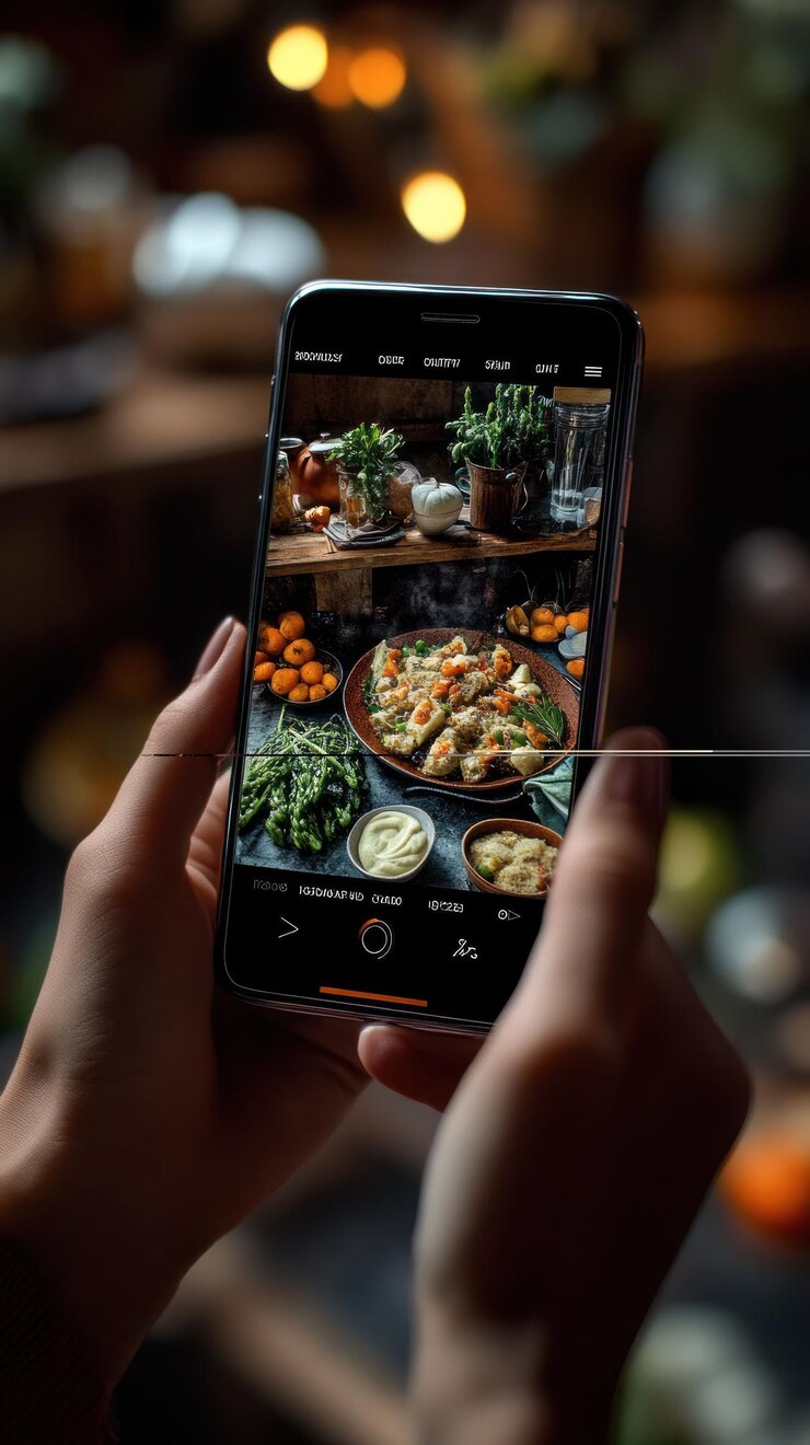 PSD manos sosteniendo un teléfono inteligente con una foto de un plato de comida en la pantalla