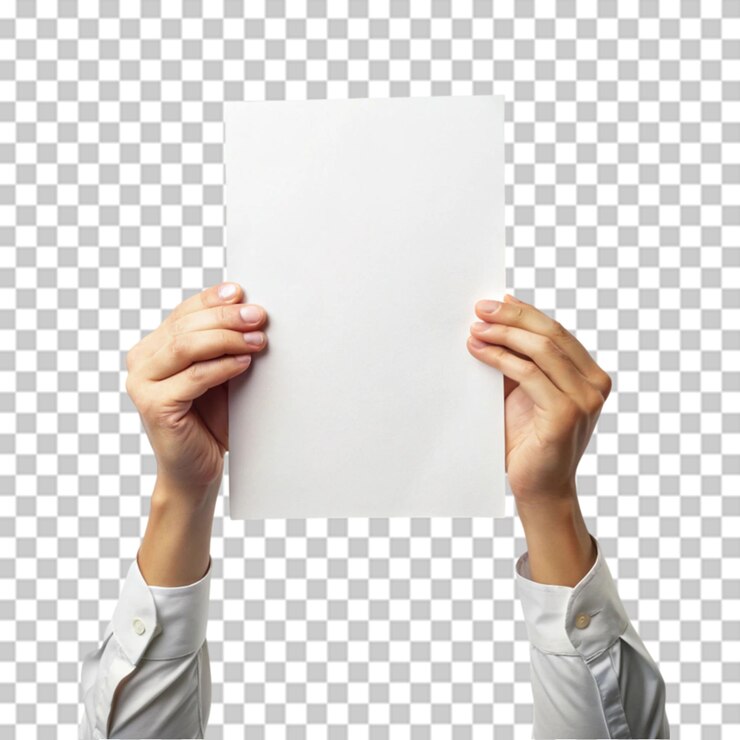PSD las manos sostienen una hoja de papel blanco sobre un fondo transparente