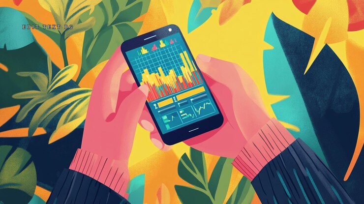 PSD manos con teléfonos inteligentes que muestran gráficos financieros en medio de un follaje tropical vibrante