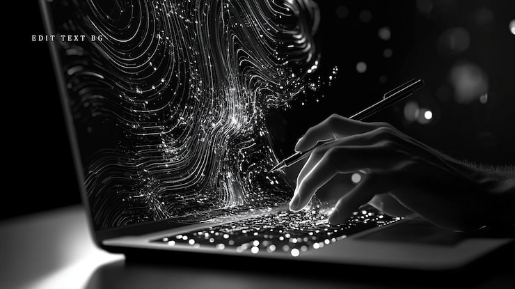 PSD manos usando el lápiz y el teclado en la computadora portátil corrientes de datos brillantes abstractas