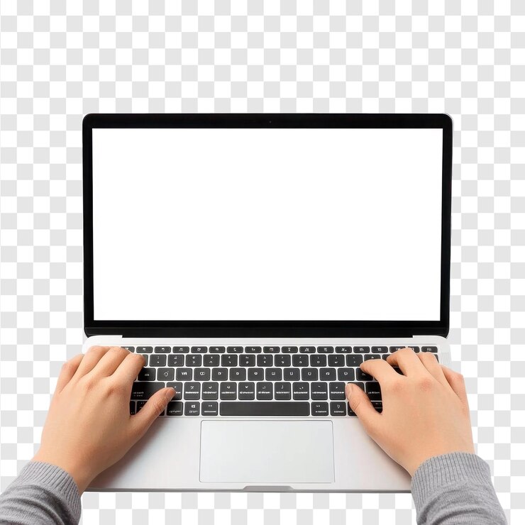 PSD manos usando la pantalla blanca del portátil vista delantera aislada sobre un fondo transparente