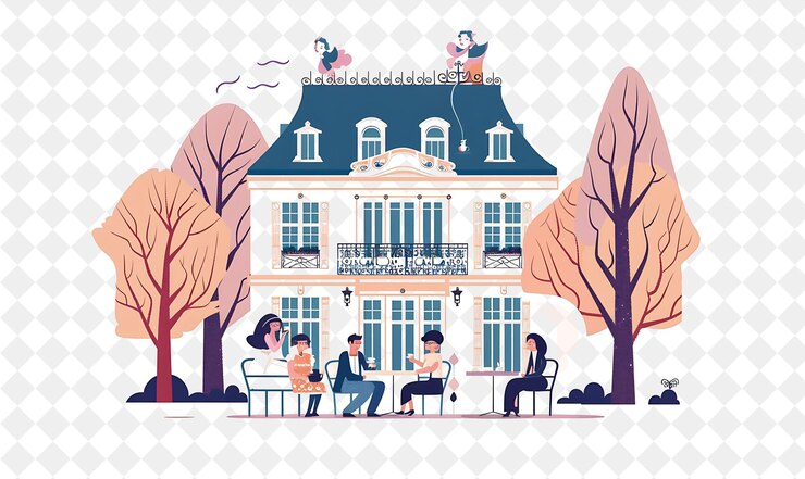 PSD mansão vitoriana com personagens que têm um design de chá i pessoas estilo de vida ilustração plana