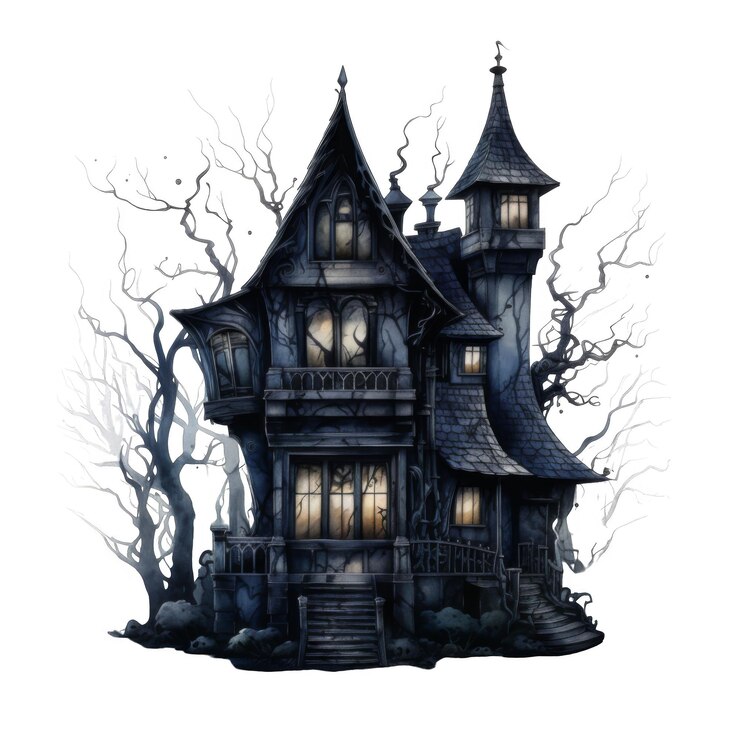 PSD una mansión victoriana embrujada en un bosque oscuro