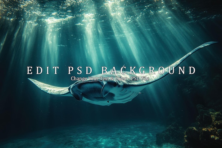 PSD manta ray graziosamente scivolando nelle profondità dell'oceano