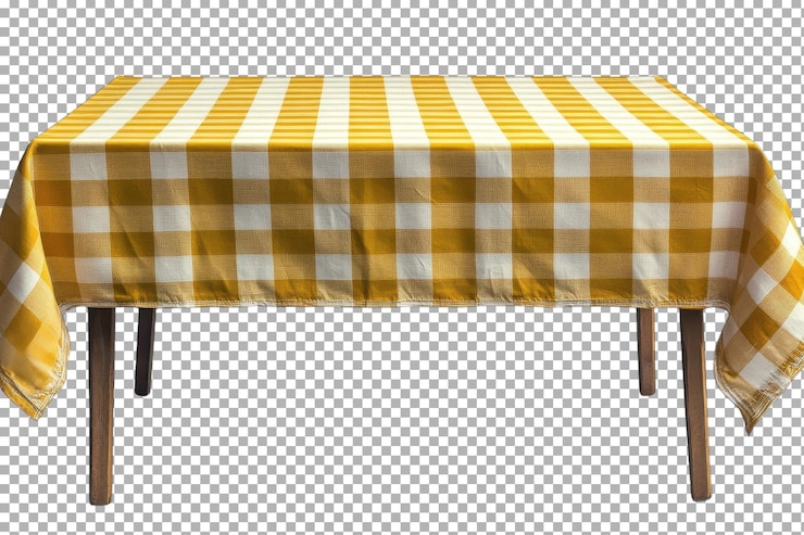 PSD un mantel amarillo a cuadros que cubre una mesa de madera lista para una reunión o comida en un entorno interior brillante