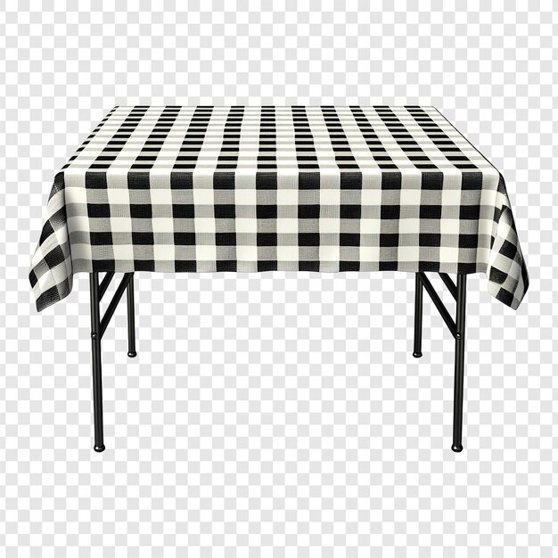 Mantel de mesa a cuadros en blanco y negro en una mesa rectangular aislada en un recorte png de fondo transparente