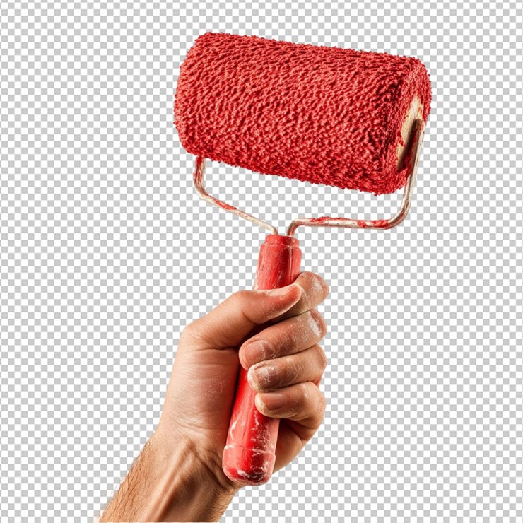 PSD mantenimiento de la mano rollo de pintura roja de cerca vista profesional de pintura herramienta de trabajo de arte en el hogar de alto color