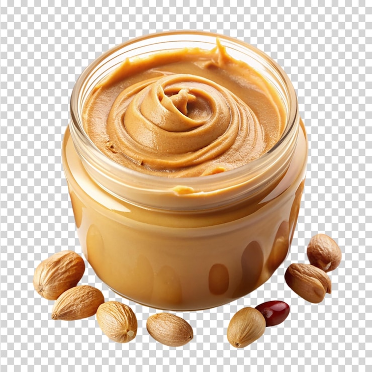 PSD la mantequilla de maní cremosa con nueces aislada sobre un fondo transparente