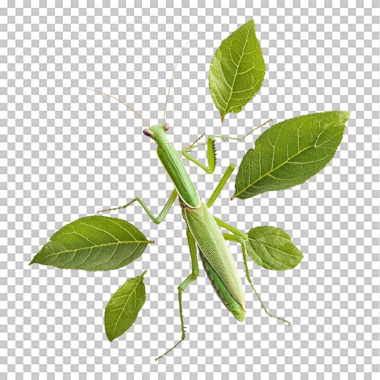 PSD mantis camuflada entre folhas contra um fundo transparente para estudos de natureza conteúdo educacional ou ilustrações com temas de insetos