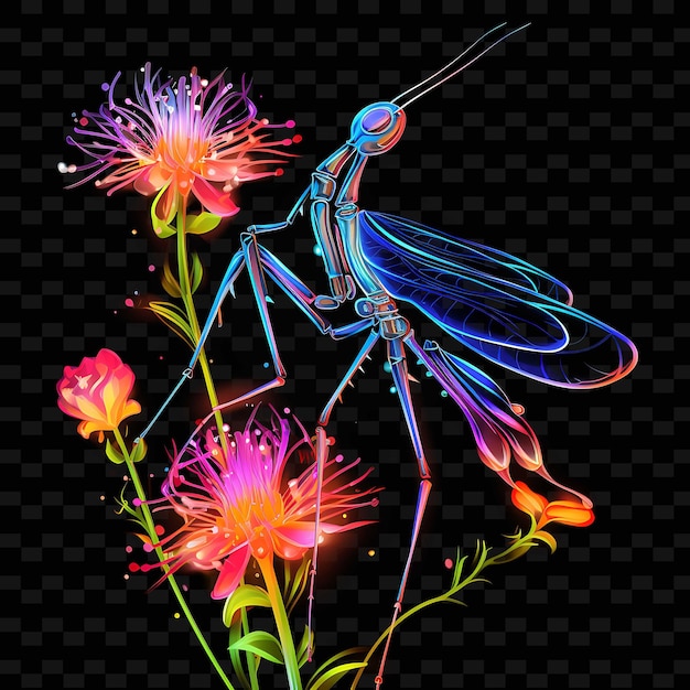 Mantis giardino enigmatico linee di neon delicate fiori fiori PNG Y2K forme arti della luce trasparente