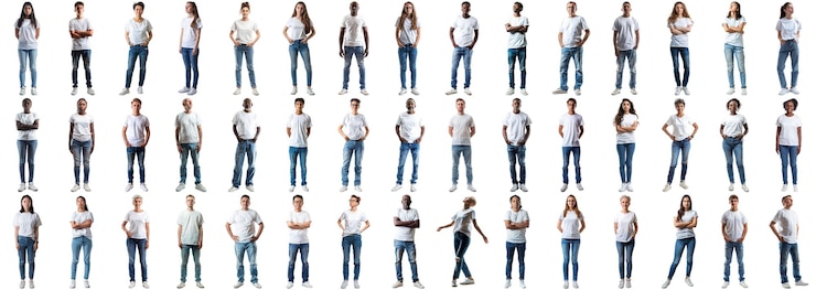 PSD many people in white tshirt jeans over isolated background crisp edges style