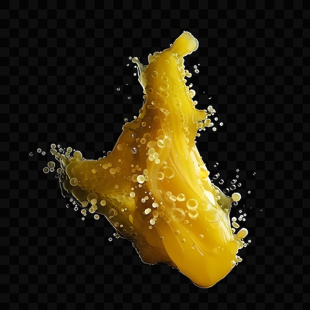 Una manzana amarilla con gotas de líquido en un fondo negro