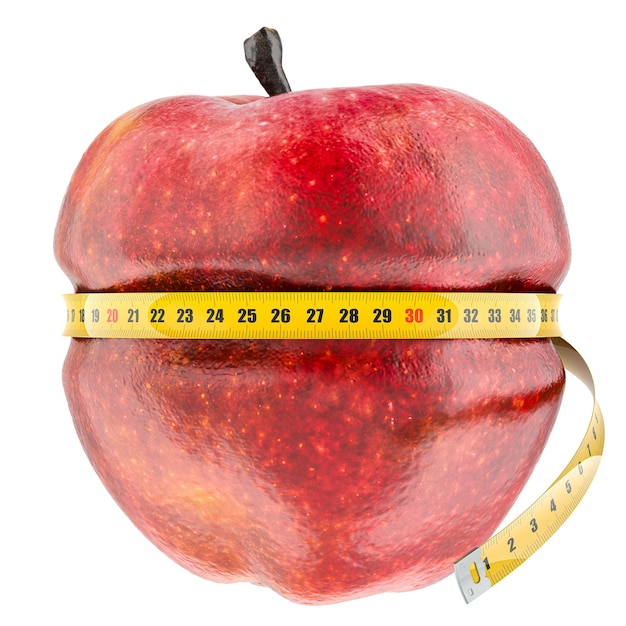 Manzana con cinta de medición alrededor del concepto de dieta y pérdida de peso renderización 3D aislada en fondo transparente