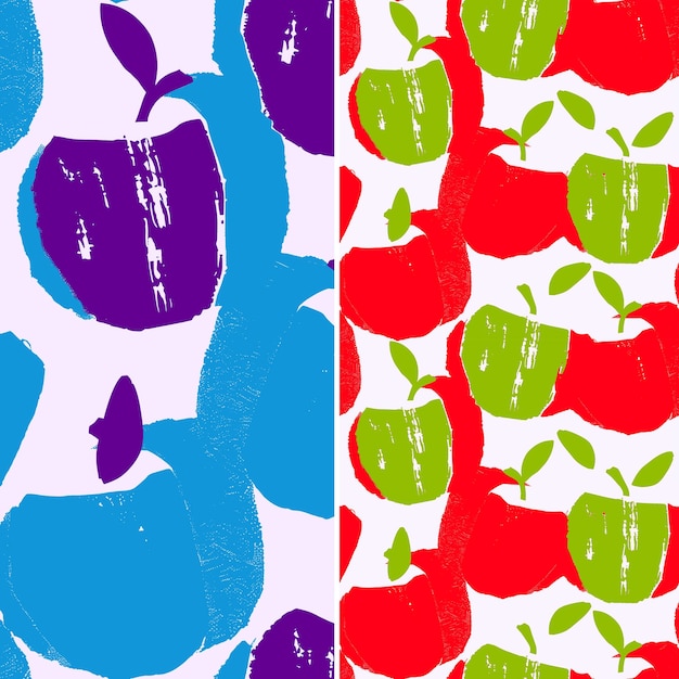 Una manzana colorida con un fondo púrpura y verde