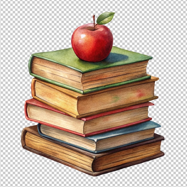 PSD manzana en libros sobre un fondo transparente