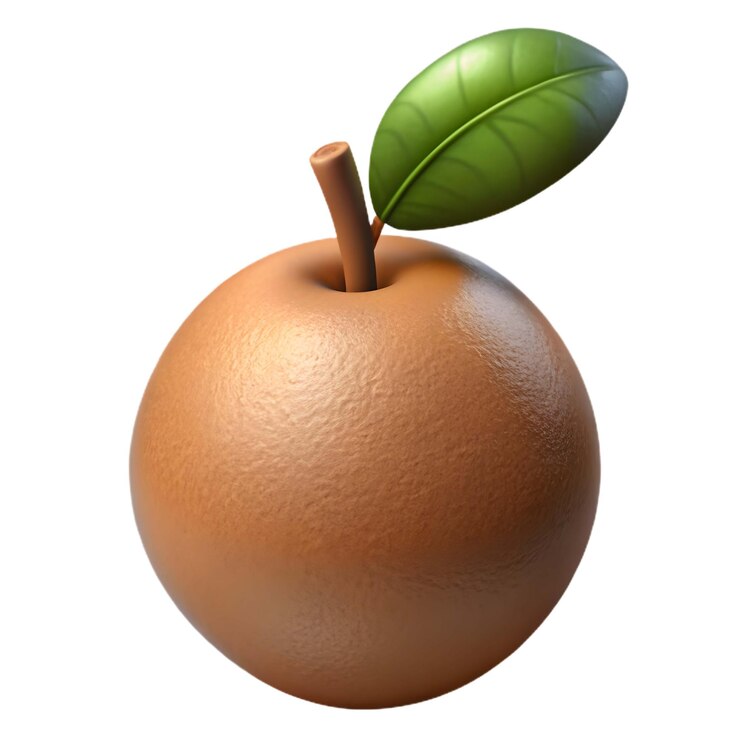 Una manzana marrón con una hoja y un tallo verdes