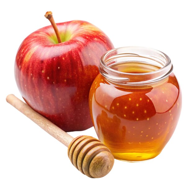 manzana con miel aislada sobre un fondo blanco