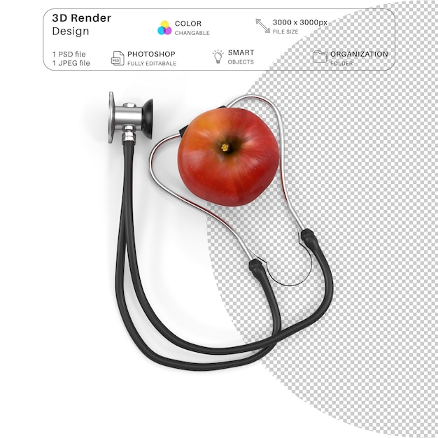 PSD manzana realista con estetoscopio modelo 3d archivo psd detallado para diseño de salud y nutrición