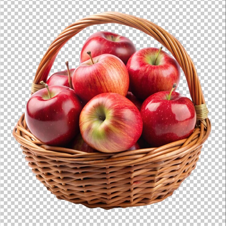 PSD manzana roja en una canasta de mimbre de madera aislada sobre un fondo blanco