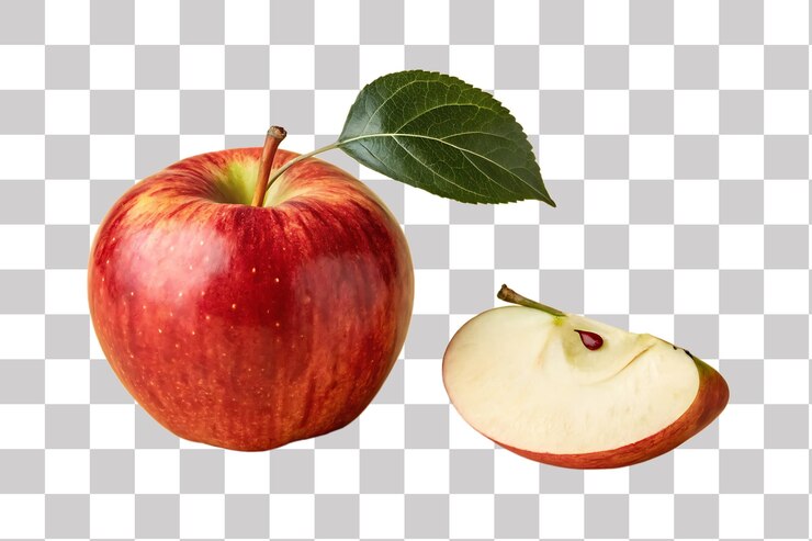 PSD manzana roja fresca con una rebanada y una hoja