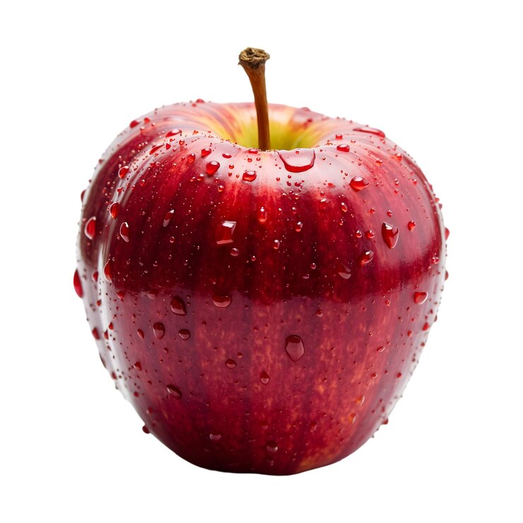 PSD manzana roja con gotas de agua en su piel aisladas sobre un fondo transparente
