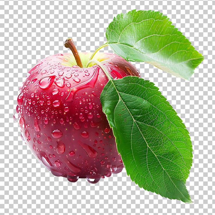 PSD manzana roja con una hoja verde aislada sobre un fondo transparente