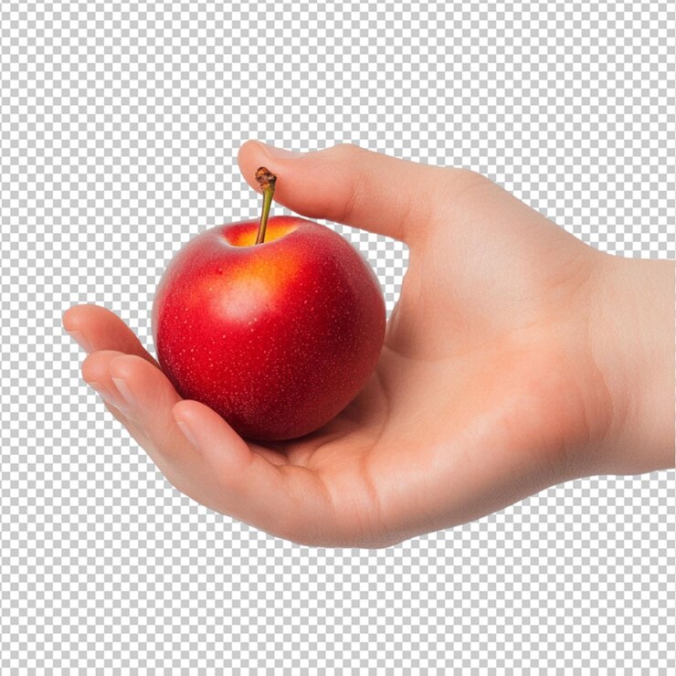 PSD manzana roja en la mano fruta fresca dieta saludable fotografía de alimentos granja madura imagen dulce, jugosa y crujiente