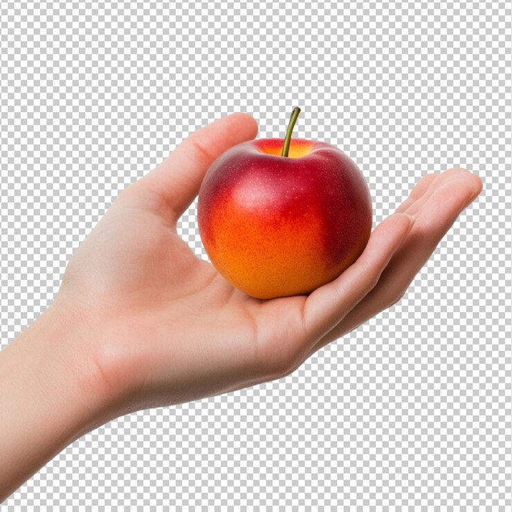 PSD manzana roja en la mano frutas frescas dieta saludable fotografía de alimentos maduros, imagen dulce, crujiente y jugosa
