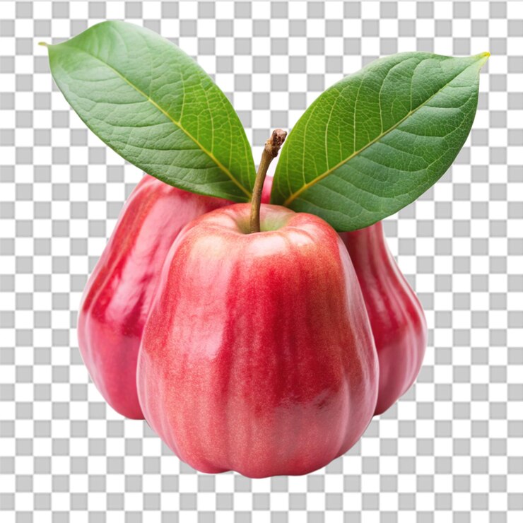PSD manzana rosa fresca con hojas aisladas sobre fondo blanco