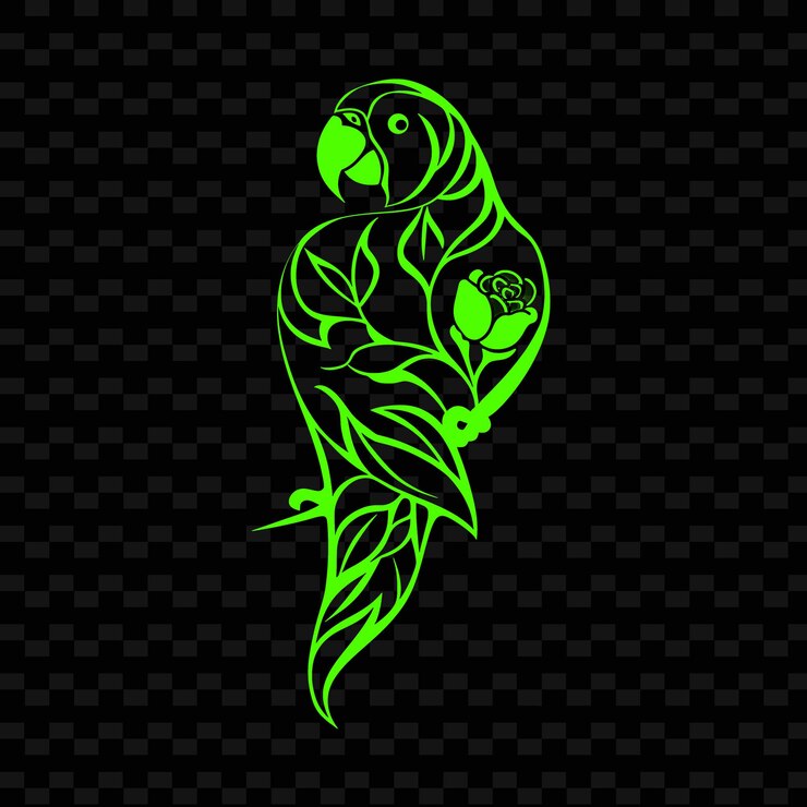 PSD manzana rosa png con silueta de guacamayo y diseño minimalista con contornos animales y hojas tropicales