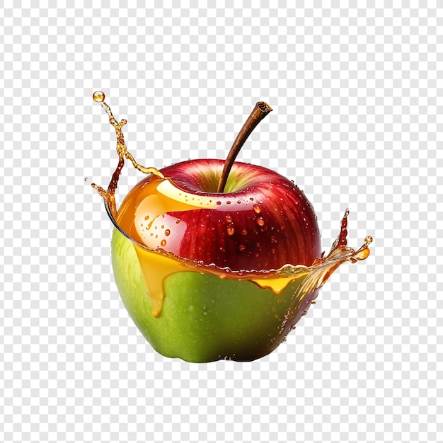 PSD manzana en salpicaduras de jugo de manzana png aislado en fondo transparente