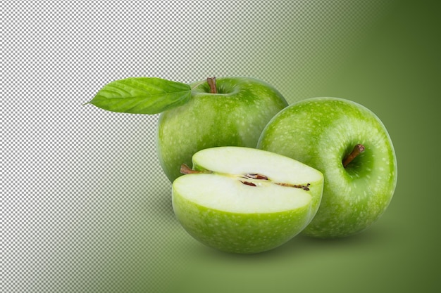 Manzana verde fresca aislada sobre fondo verde.
